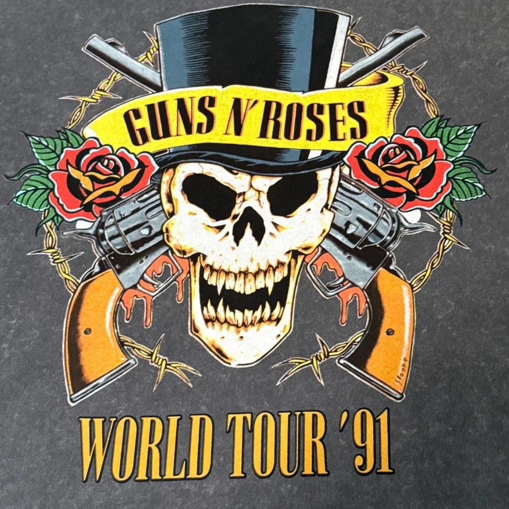 Guns N‎ Roses World Tour 91 Graphic Tee Charcoal Grey Mineral Wash Shirt Medium